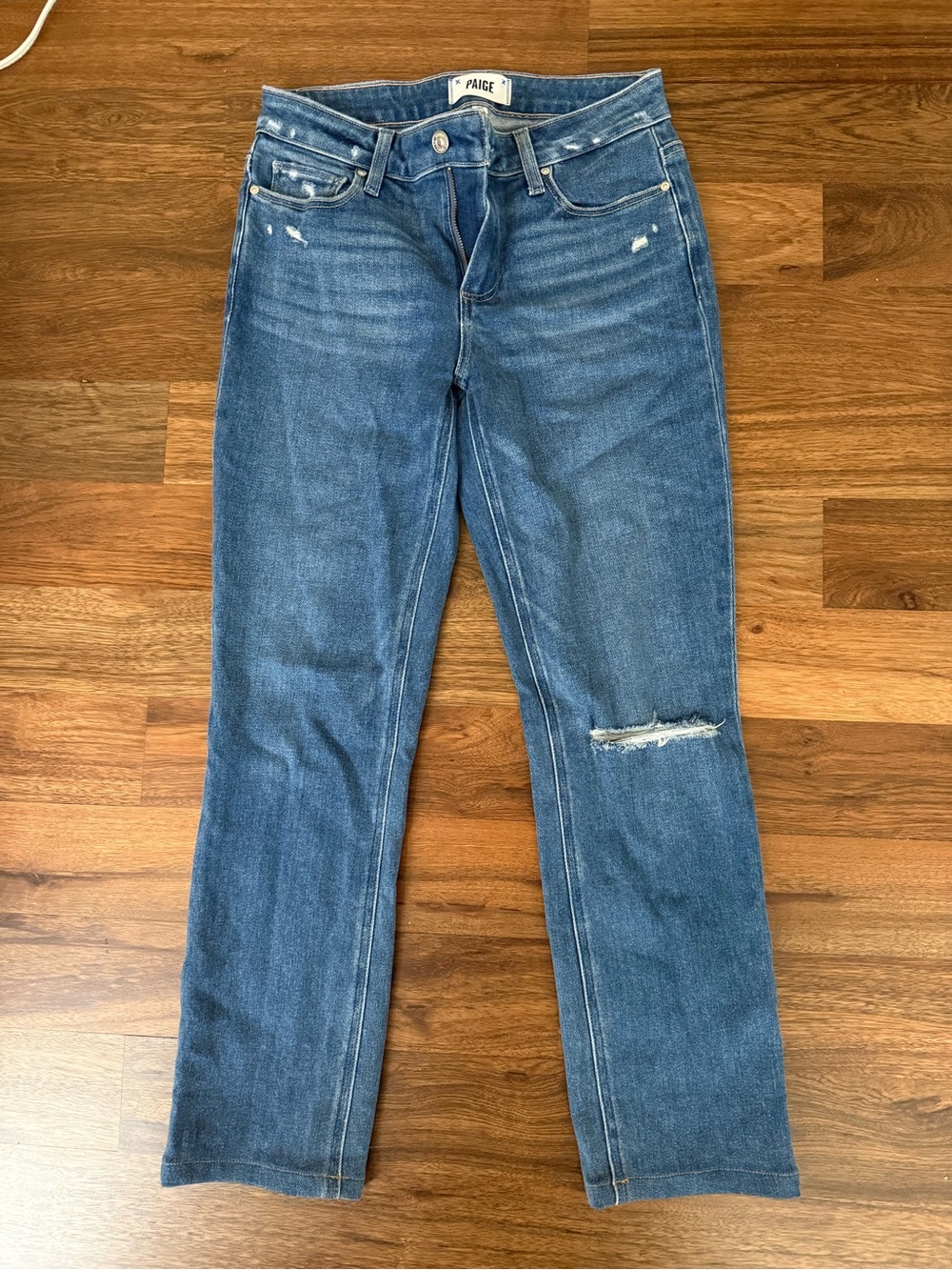 PAIGE Mid-Blue Straight Leg Jeans with Knee Rip